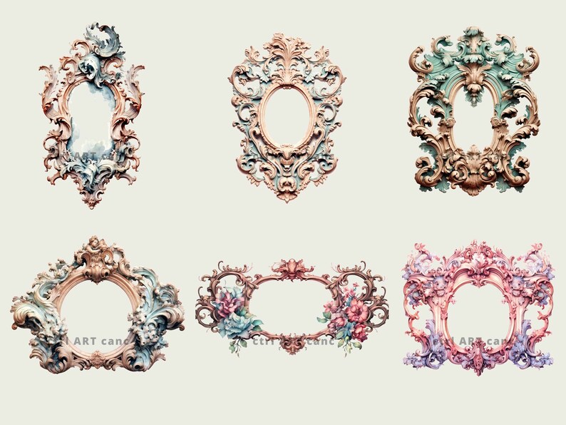 May include: A collection of six ornate, vintage-style frames in various shapes. The frames feature intricate scrollwork and floral accents, with a color palette of muted pinks, blues, and golds. The frames are empty, ready for artwork or photos.