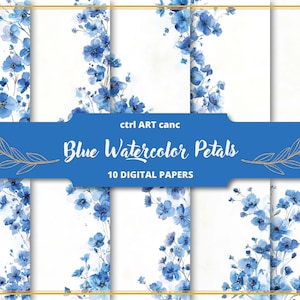 Papel de carta azul, papel imprimible para papel de correo, kit de diario basura floral, kit de álbum de recortes, papel digital, papel imprimible, papel floral azul