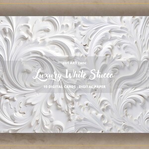 K&ouml;nnte beinhalten: Wei&szlig;e Stucktextur mit komplizierten floralen Mustern. Das Bild ist mit "Luxury White Stucco" und "10 Digital Cards - Digital Paper" beschriftet.