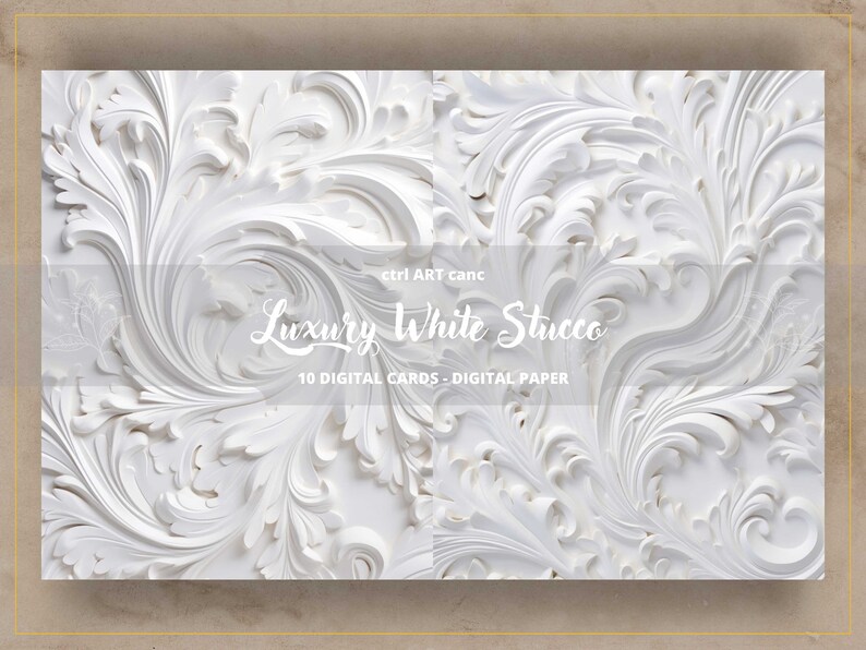 K&ouml;nnte beinhalten: Wei&szlig;e Stucktextur mit komplizierten floralen Mustern. Das Bild ist mit "Luxury White Stucco" und "10 Digital Cards - Digital Paper" beschriftet.