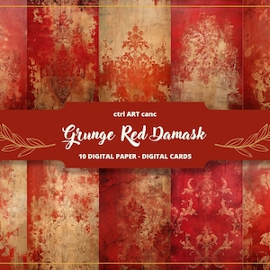 Grunge Red Damask Digital Paper, Junk Journal Page, Printable Kit, Digital Paper, Journal Page, Scrapbooking, Junk Journal