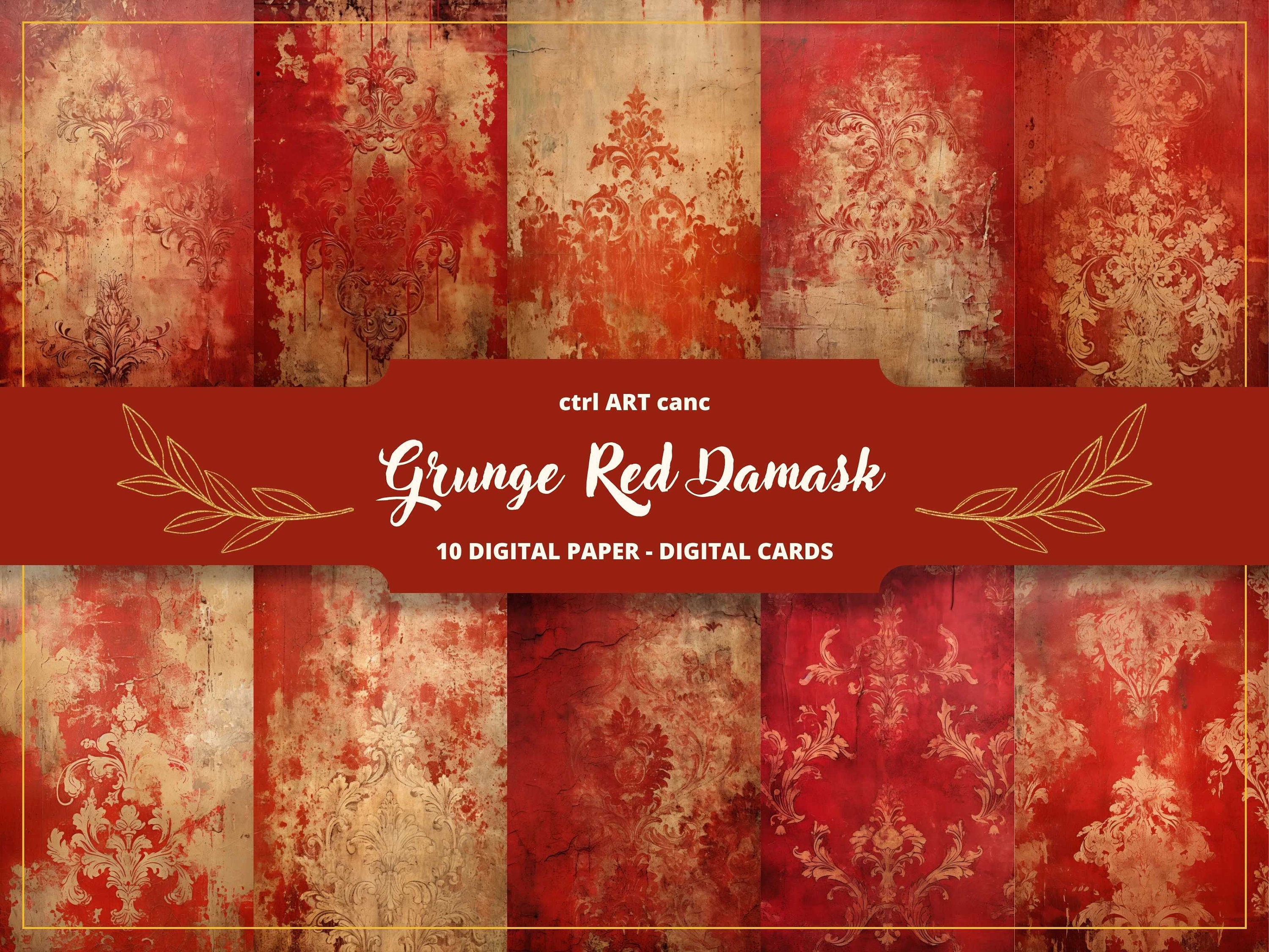 junkjournal【antique Red】 Grunge Red Damask Digital Paper, Junk Journal Page