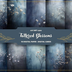 May include: Ten digital paper designs featuring a blue and white floral pattern with a blurred background. The text "Tattered Blossoms" is displayed in a decorative font.