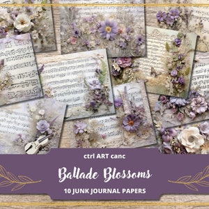 Purple Music Junk Journal Kit Partituras Scrapbook Encaje Púrpura Scrapbook Papel Junk Journal Páginas Shabby Floral Journal Floral Scrapbook