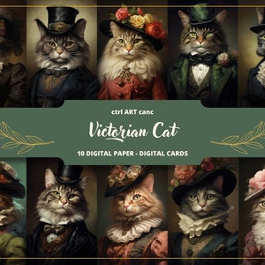 Éphémères victoriennes Illustration de chat victorien Illustration drôle de chat Art mural de chat Art de chats Amoureux des chats Art cadeau chat Impression victorienne imprimable