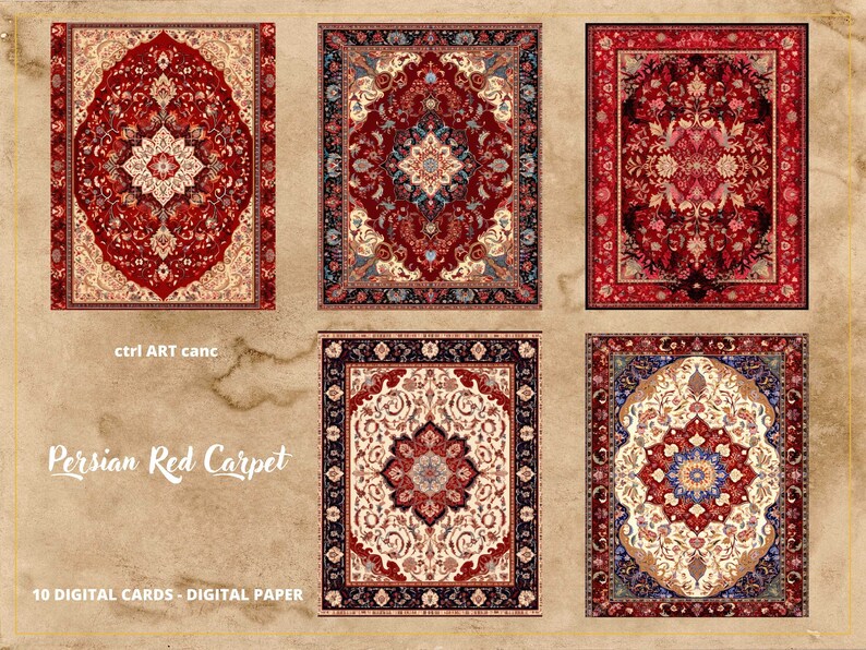May include: Ten digital cards featuring a Persian red carpet design. The cards are perfect for scrapbooking, card making, and other craft projects.