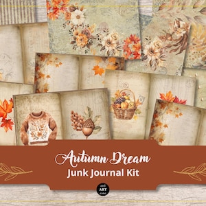 Junk Journal Kit, druckbares Journal Kit, Ephemera, digitales Papier, Herbst, braun, Blätter, Journalseiten, druckbares Kit, Scrapbook, Download