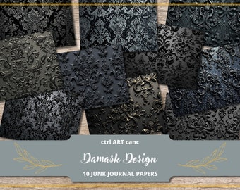 Black Damask Junk Journal Kit: Digital Scrapbook Paper (Digital Download)