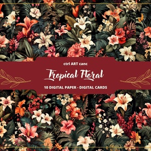 Tropical Floral Digital Paper, Floral Scrapbook background, Tropical Junk Journal Supplies, Flowers Shabby Background, Digital Download