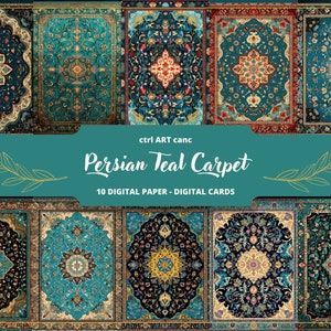 Persischer Teal Teppich zum Ausdrucken, Persisches Digital Papier, Junk Journal Kit, Journal Seiten, Scrapbooking, Junk Journal Zubehör, Ephemera