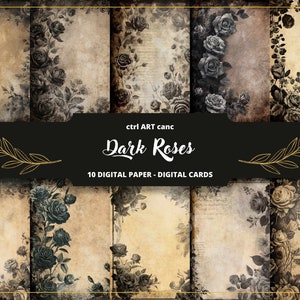 10 Dark Roses Printable, Stary papier, Czarne róże, Cyfrowy papier z różami, Stary papier, Papier listowy, Scrapbooking, Kolaż, Dziennik śmieciowy
