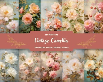 May include: A digital paper pack featuring 10 vintage-style images of camellia flowers in various shades of pink and white. The images are arranged in a collage format with a title card that reads "Vintage Camellia 10 Digital Paper - Digital Cards".
