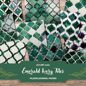 Könnte beinhalten: Eine Sammlung von Fliesenmustern in Smaragdgrün und Weiß mit glänzendem Finish, angeordnet in verschiedenen Designs. Die Fliesen sind vor einem Holzgrund platziert. Der Text "Emerald Ivory Tiles" und "10 Junk Journal Papers" ist zu sehen.