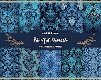 Blue Damask Digital Paper: AI Generated Printable Backgrounds (JPEG)