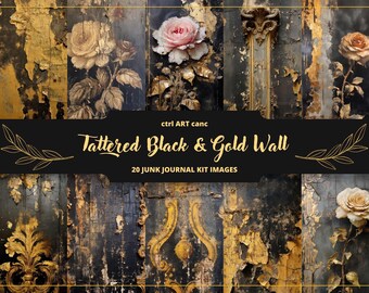 Tattered Black & Gold Junk Journal Kit: AI Art Printable (Digital Download)