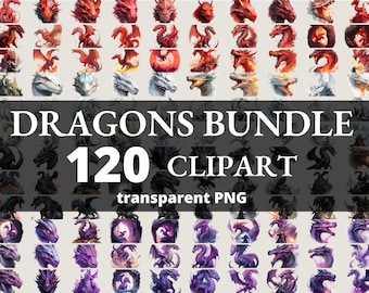 May include: A digital clipart bundle of 120 dragon illustrations. The dragons are in various poses and colors, including red, white, black, and purple. The text "DRAGONS BUNDLE 120 CLIPART transparent PNG" is displayed on the image.