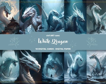 White Dragon Digital Paper: Fantasy Art Images (Digital Download)