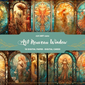 Art Nouveau glas-in-lood raam Junk Journal afdrukbare Art Nouveau digitale papier afdrukbare dagboekpagina Art Nouveau Scrapbooking Journal