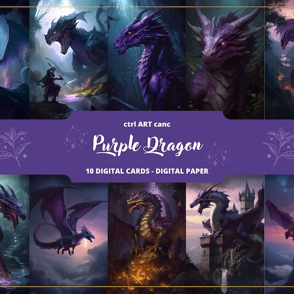 10 Purple Dragon Digital Paper, Purple Dragon Cards, Dragon, Scrapbooking, Collage, Mystical, Fantasy, Junk Journal, Fantasy World, GOT