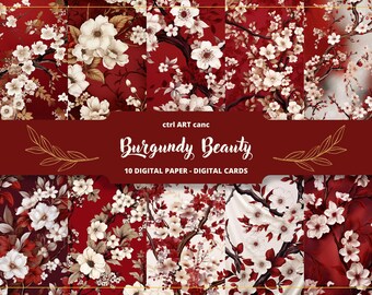 Japanese Burgundy Floral Digital Paper: Junk Journal, Scrapbook (JPEG)