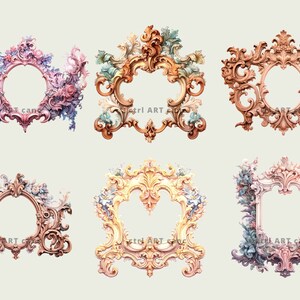 May include: A collection of six ornate, vintage-style frames in various shapes and colors. The frames feature intricate floral and scrollwork designs, with a color palette including pink, blue, gold, and peach. Each frame has an open center, suitable for artwork or photos.
