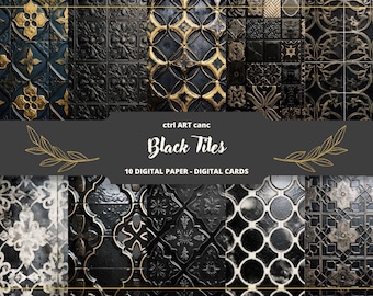 Black Oriental Tiles Digital Paper: Junk Journal Kit (Digital Download)