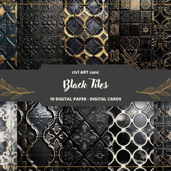Black Tiles Printable, Oriental Tiles Digital Paper, Ceramic, Junk Journal Kit, Journal Pages, Scrapbooking, Junk Journal Supplies,Ephemera