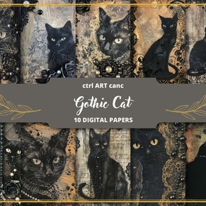 黒猫デジタルペーパー ジャンクジャーナルキット 猫スクラップブック用紙 ゴシック猫装飾印刷用紙 装飾ジャーナルページ レース印刷用紙