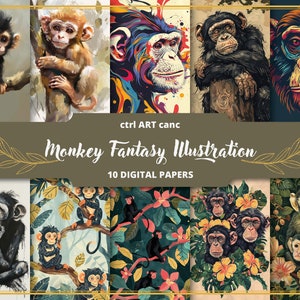 Affen-Illustrationsbilder POD Kommerzielle Nutzung Affenbilder für Print-on-Demand-Artikel Druckbare Illustration Affen-Digitalpapier-Wandkunst