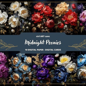 Midnight Peonies Digital Paper, Dark Digital Paper, Journal Kit, Journal Pages, Scrapbooking, Journal Supplies, Junk Journal, Ephemera