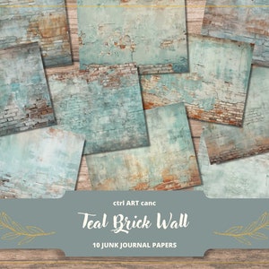 May include: Ten digital papers featuring a teal brick wall with distressed paint and faded brick. The papers are perfect for junk journaling, scrapbooking, and other creative projects.
