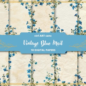 Vintage Blue Letter Paper Junk Journal Paper for Scrapbook Kit Floral Blue Scrapbook Paper Digital Paper for Junk Journal Blue Floral Kit