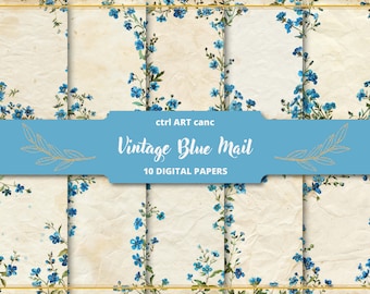 Vintage Blue Letter Paper Junk Journal Paper for Scrapbook Kit Floral Blue Scrapbook Paper Digital Paper for Junk Journal Blue Floral Kit