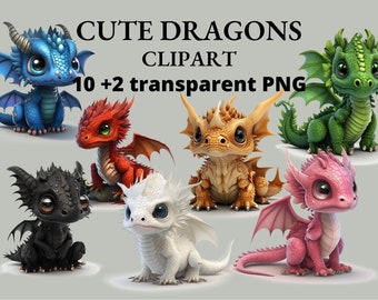 Könnte beinhalten: Ein Set mit 10 niedlichen Cartoon-Drachenillustrationen in verschiedenen Farben, darunter Blau, Rot, Grün, Schwarz, Weiß und Pink. Die Drachen sitzen alle mit ausgebreiteten Flügeln da. Der Text "CUTE DRAGONS CLIPART 10 + 2 transparent PNG" befindet sich oben im Bild.