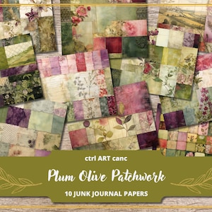 Puede incluir: Diez papeles digitales con un diseño de patchwork con motivos florales y paisajísticos en tonos ciruela, oliva, verde y rosa. Los papeles están etiquetados como "Plum Olive Patchwork" y "10 Junk Journal Papers".