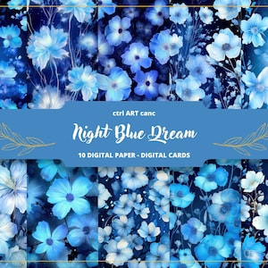 Night Blue Dream Digital Paper, Blue Flowers Journal Paper, Wrapping paper, Invitation Paper, Journaling Paper, Junk Journal, Crafting Paper