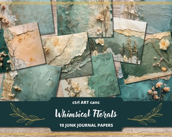 May include: Ten digital papers featuring whimsical floral designs on a textured background. The papers are in shades of teal, beige, and white.  Whimsical Florals 10 Junk Journal Papers.