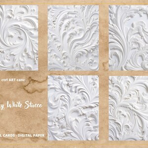 K&ouml;nnte beinhalten: Ein Set mit 10 digitalen Papieren mit einem wei&szlig;en Stuck-Hintergrund und einem komplizierten floralen Design. Die Papiere sind perfekt f&uuml;r die Erstellung von Einladungen, Karten und anderen digitalen Projekten.  ctrl ART canc. Luxuri&ouml;ser Wei&szlig;er Stuck. 10 DIGITALE KARTEN - DIGITALES PAPIER