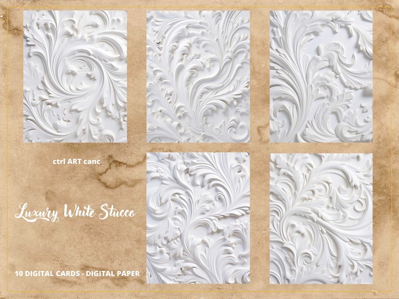 K&ouml;nnte beinhalten: Ein Set mit 10 digitalen Papieren mit einem wei&szlig;en Stuck-Hintergrund und einem komplizierten floralen Design. Die Papiere sind perfekt f&uuml;r die Erstellung von Einladungen, Karten und anderen digitalen Projekten.  ctrl ART canc. Luxuri&ouml;ser Wei&szlig;er Stuck. 10 DIGITALE KARTEN - DIGITALES PAPIER