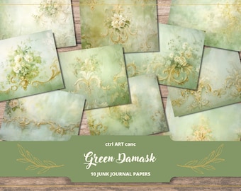 Grün Journal Papier Junk Journal Papier Grün Damask Druckbares Papier für Scrapbook Hintergrund Grünes Papier Journal Digitales Papier Scrapbook