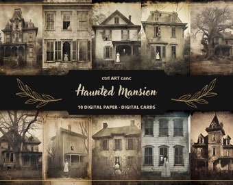 May include: A set of 10 digital papers and cards featuring vintage images of haunted mansions. The images are in black and white and have a distressed, aged look. The text "ctrl ART canc Haunted Mansion 10 DIGITAL PAPER - DIGITAL CARDS" is displayed at the top of the image.
