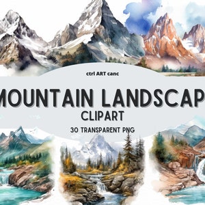 Watercolor Mountain Landscape Clipart: 30 Nature PNG Bundle (Digital Download)