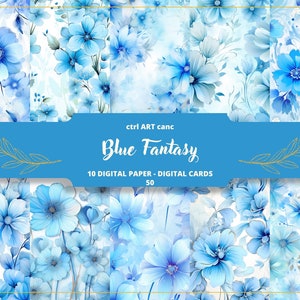 Blue Fantasy Digital Paper, Blue Flowers Journal Paper, Wrapping paper, Invitation Paper, Journaling Paper, Junk Journal, Crafting Paper