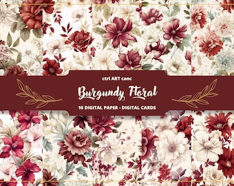 Burgundy Floral Digital Paper: Junk Journal & Scrapbook (JPEG Files)