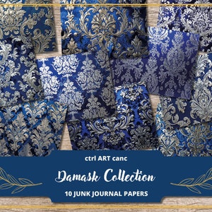 Blue Damask Junk Journal Kit Scrapbook Kit Damask Digital Paper Damask Printable Texture Damask Pattern Damask Background Damask Texture