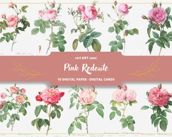 Könnte beinhalten: Ein digitales Papierpaket mit 10 Illustrationen von rosa Rosen mit grünen Blättern und Stielen. Die Illustrationen sind im Vintage-Stil gehalten und perfekt für Bastelprojekte. Der Text "ctrl ART canc Pink Redoute 10 DIGITAL PAPER - DIGITAL CARDS" wird auf einem rosa Banner angezeigt.