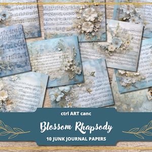 Blue Music Junk Journal Kit Partituras Scrapbook Encaje Azul Scrapbook Papel para páginas de diario basura Shabby Floral Journal Floral Scrapbook