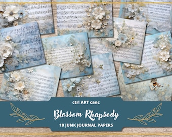 Blau Musik Junk Journal Kit: Shabby Floral Scrapbook Papier (Digitaler Download)