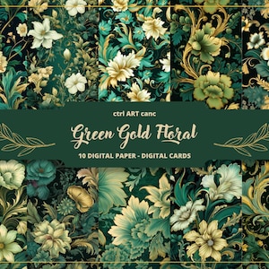 Grüngoldenes Blumendruckpapier, grünes und goldenes Papier für Journal-Kit-Seiten für Scrapbooking, Journal-Zubehör für Junk Journal Ephemera