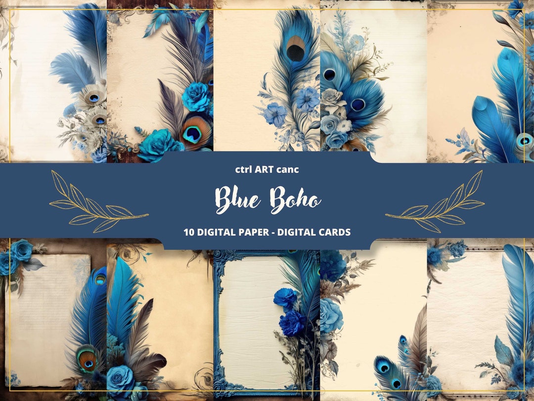 Blue Boho Printable, Boho Digital Paper, Feather Digital Paper, Floral ...